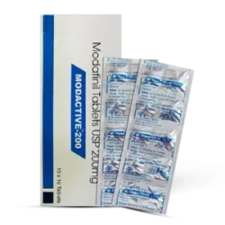 A box of Modactive 200mg tablets, a medication containing Modafinil for wakefulness and cognitive enhancement.