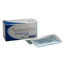 A box and sachet of Cernos Gel, a testosterone replacement therapy in gel form.